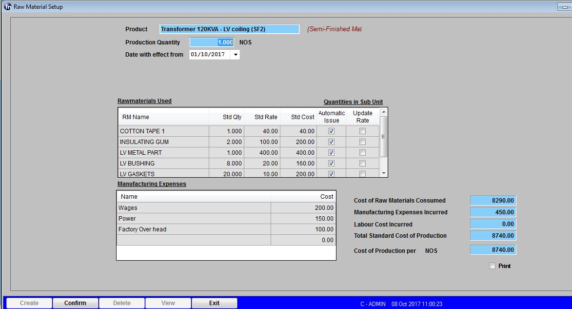 Raw material and cost of production calculation